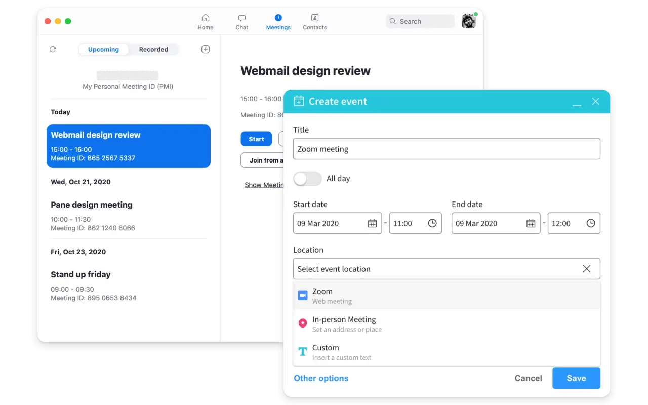 Zoomi koosolekute haldusliides koos sündmuse loomise aknaga, mis sisaldab pealkirja, kuupäeva, kellaaja ning asukoha valikuid: veebikoosolek, kohapealne kohtumine või kohandatud lahendus