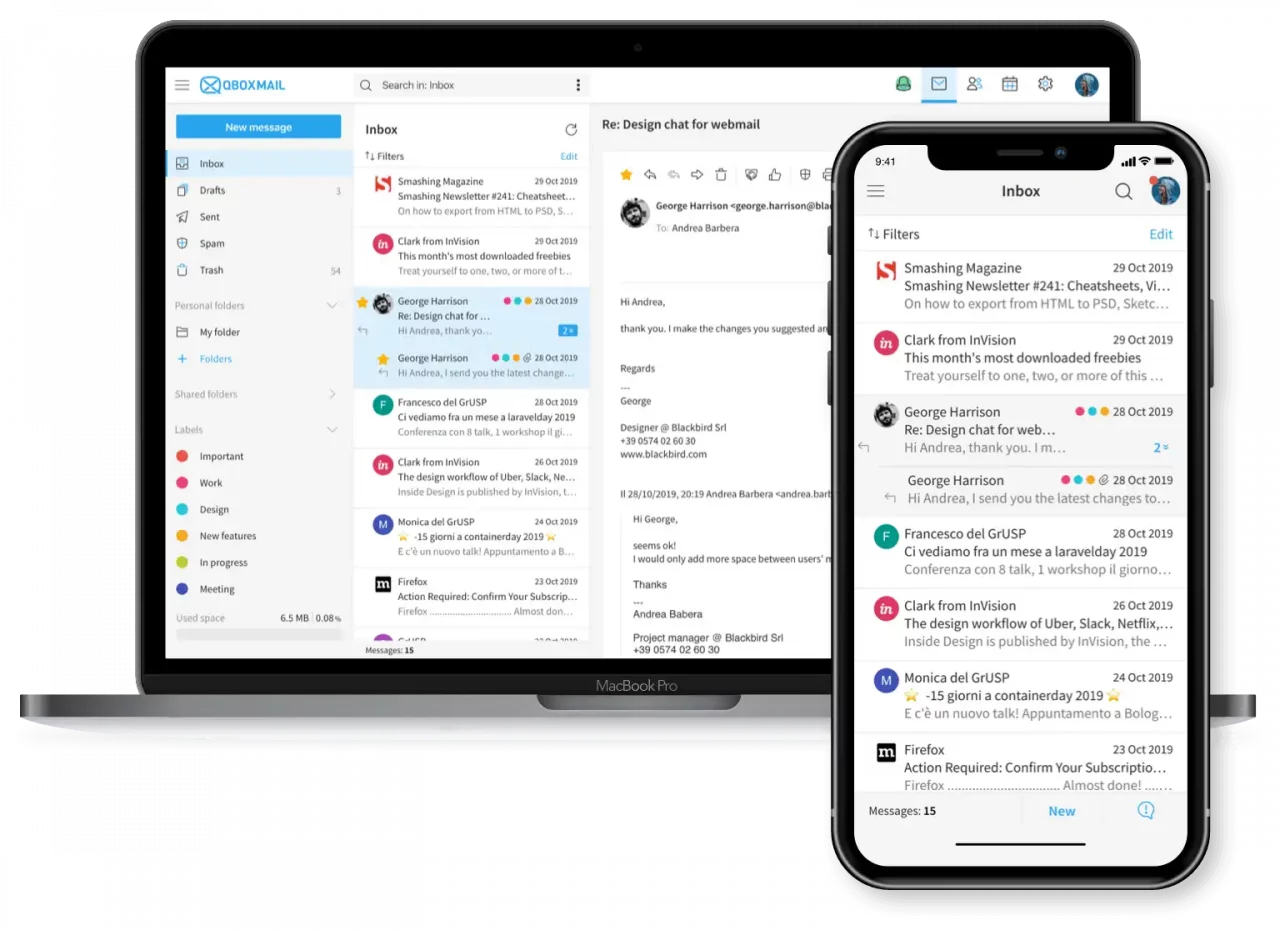 Kategoriseeritud e-kirjadega Sibly veebimeili liides arvutis ja nutitelefonis