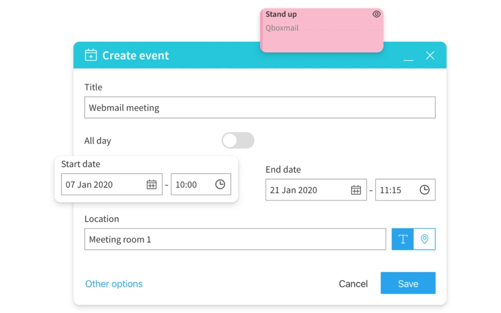 Pilt Sibly Webmaili kalendrist, kujutab uue sündmuse loomist, pealkirja, asukoha, kuupäevade ja muu info lisamist