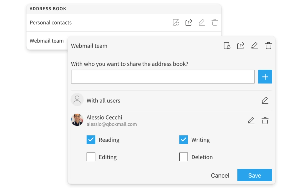Pilt Sibly Webmaili kasutajaliidesest, kujutab kasutaja õiguste ja lubade haldamise võimalusi