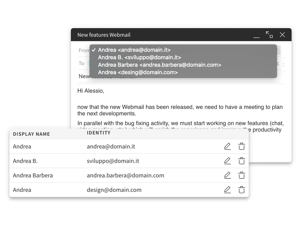 Pilt Sibly Webmaili kasutajaliidesest, kujutab kasutajaga seotud erinevate identiteetidega tehtavaid võimalikke protseduure