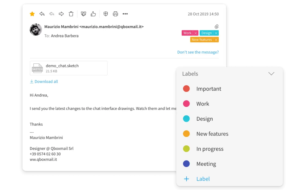 Pilt Sibly Webmaili kasutajaliidesest, kujutab e-kirjade organiseerimise võimalusi