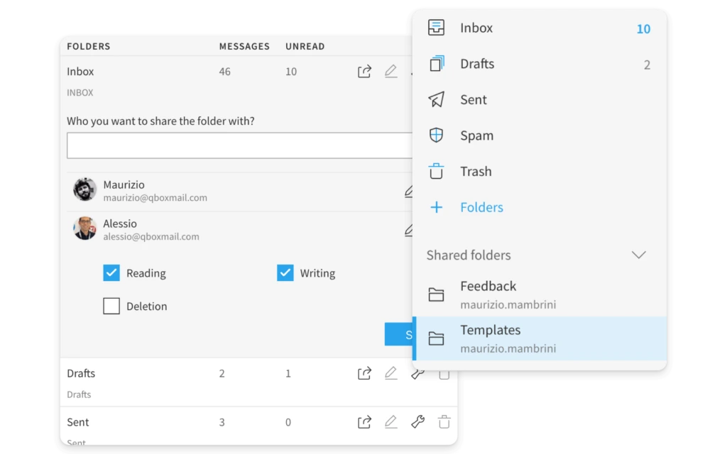 Pilt Sibly Webmaili kasutajaliidesest, kujutab kaustade haldamise ja jagamise võimalusi