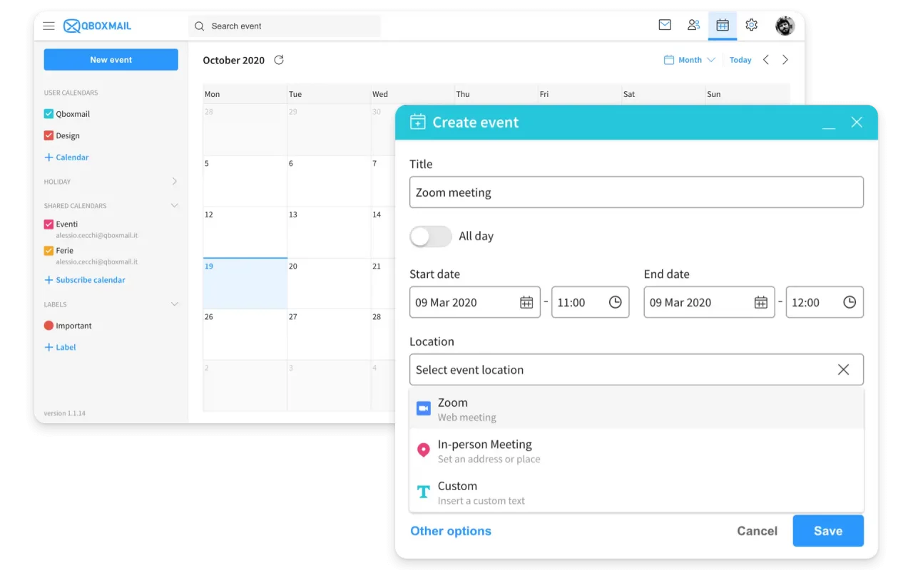 Sibly Webmaili kalender Zoomi kohtumise loomise võimalusega