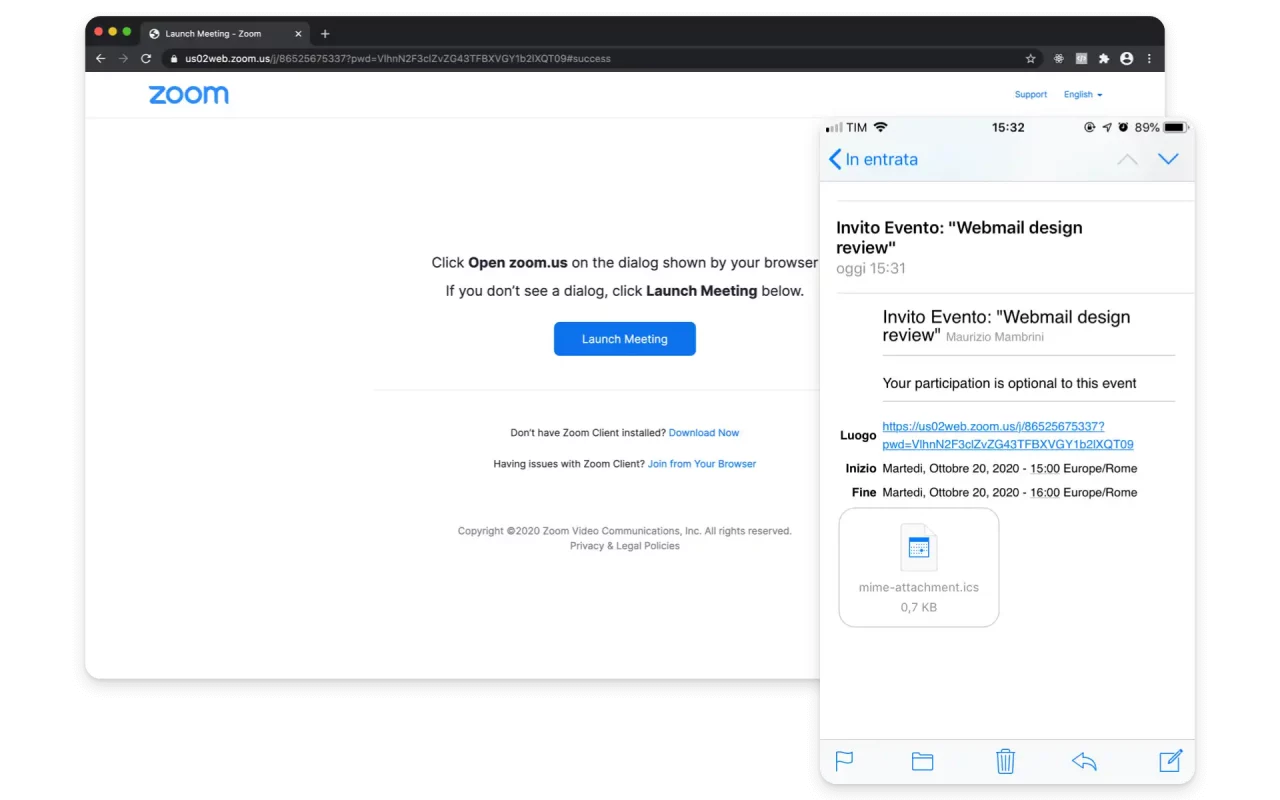 Zoomi kasutajaliides, mis kuvab Sibly Webmailis loodud kohtumist